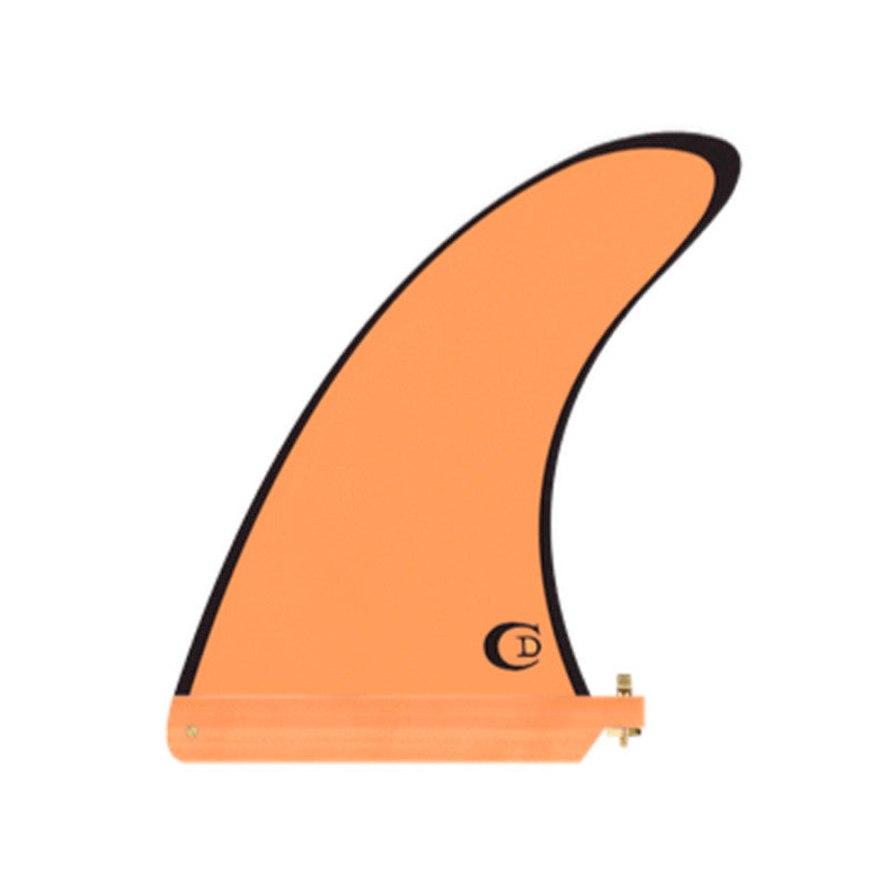 Deflow Solea Allegro 8-inch single longboard fin in orange with black trim.