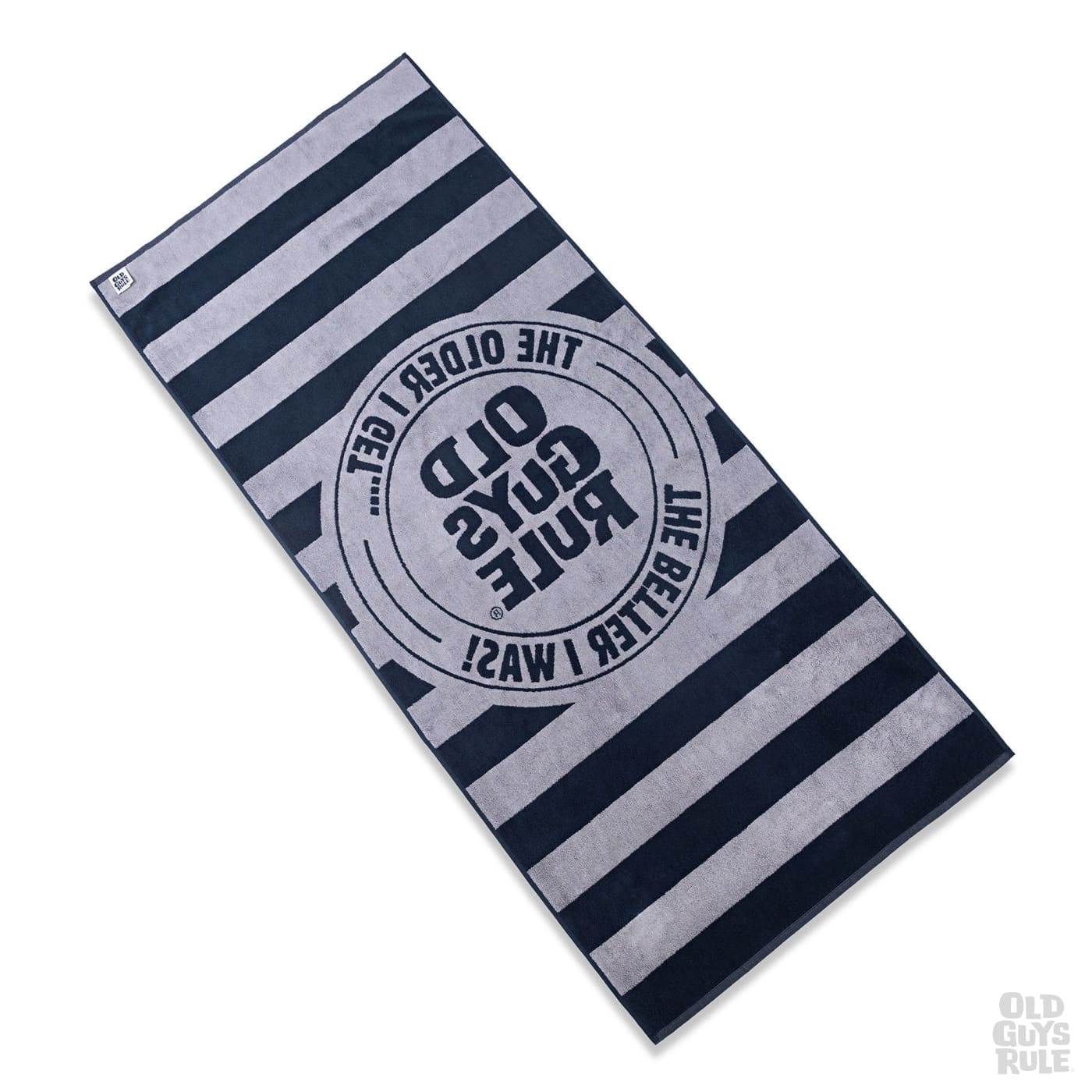 100% cotton Old Guys Rule 'Stacked Logo Stamp' towel featuring masculine striped design and slogan, perfect gift for men who love comfort and style.