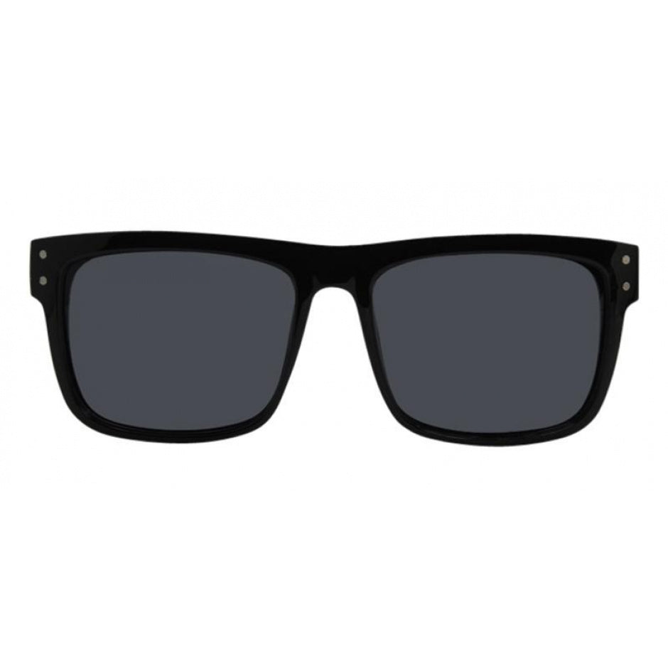 Front view of I-Sea V-Lander sunglasses in black rubber with smoke polarized lenses.